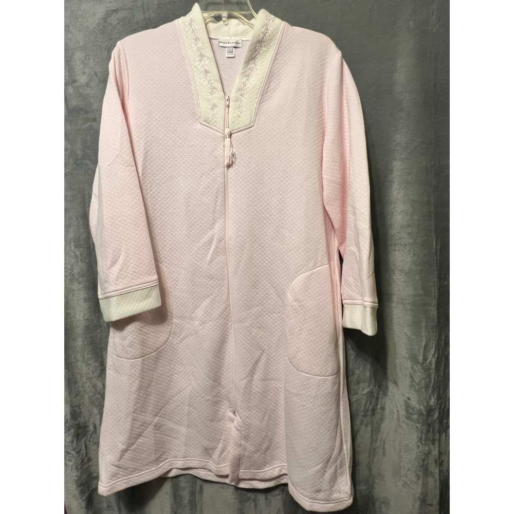 Miss Elaine L Pink Quilted Zip Front Housecoat Duster Robe Embroidered Pockets